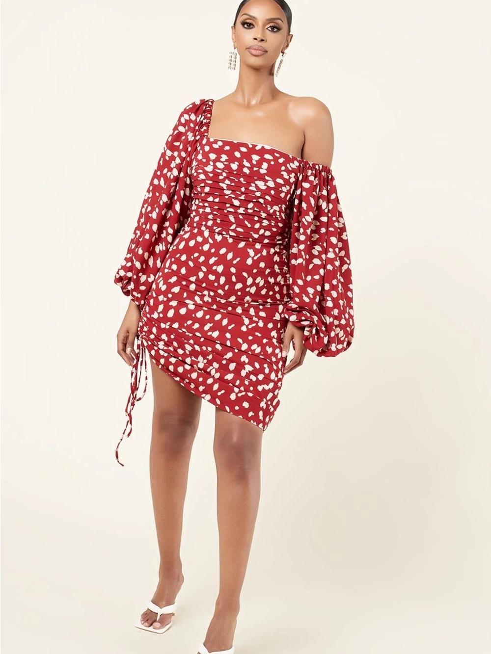 Red Printed One-Shoulder Midi Dress with Puff Sleeve